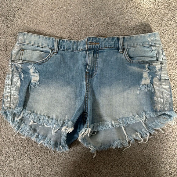 Light-wash, Distressed Billabong Denim Shorts with Silver Metallic Side Detail - Picture 1 of 3